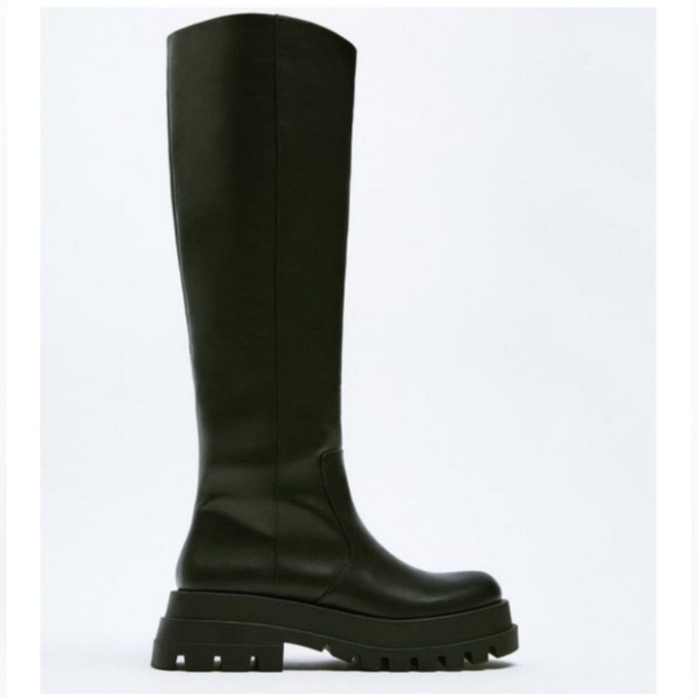 GUC ZARA FAUX BLACK LEATHER KNEE HIGH CHUNKY PULL ON BOOTS SZ EU 38 sz 7.5 or 8